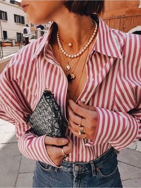 Striped Red and White Button-Up Women's Top
